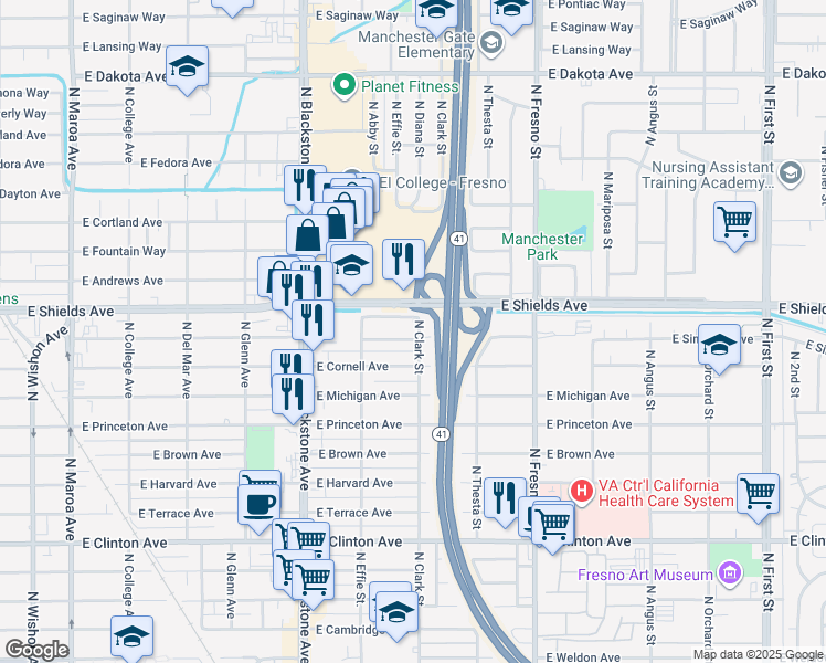 map of restaurants, bars, coffee shops, grocery stores, and more near 2010 East Simpson Avenue in Fresno