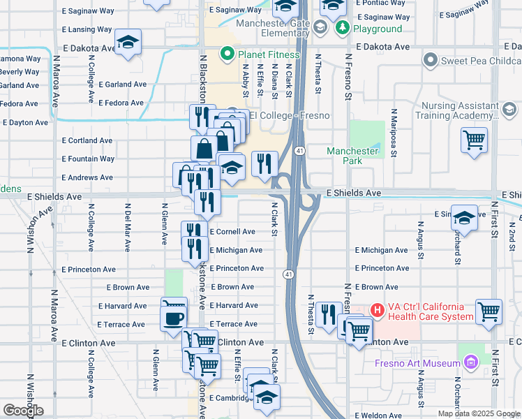 map of restaurants, bars, coffee shops, grocery stores, and more near 2010 East Simpson Avenue in Fresno
