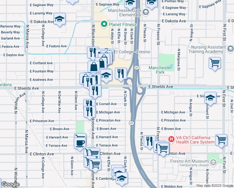 map of restaurants, bars, coffee shops, grocery stores, and more near 2010 East Simpson Avenue in Fresno