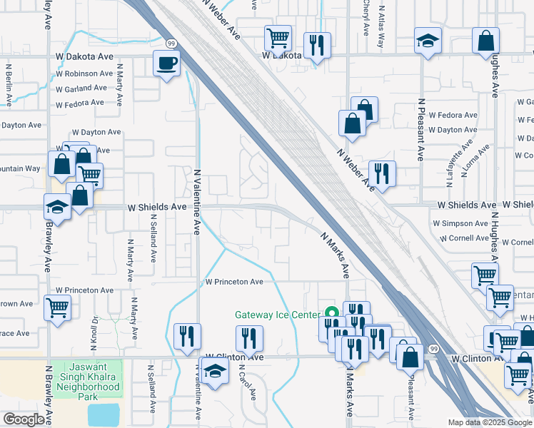map of restaurants, bars, coffee shops, grocery stores, and more near 3165 West Shields Avenue in Fresno