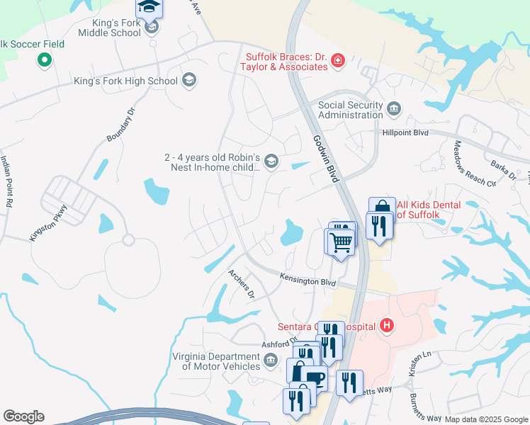 map of restaurants, bars, coffee shops, grocery stores, and more near 168 Squire Reach in Suffolk