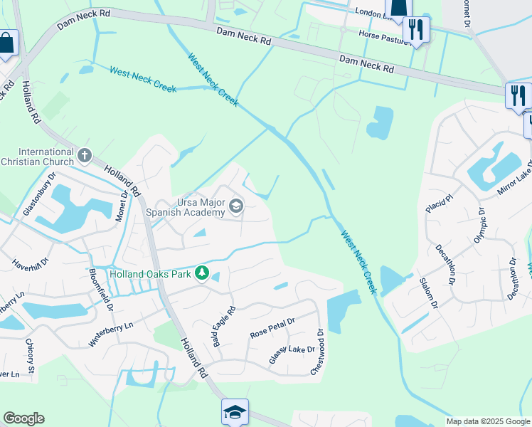 map of restaurants, bars, coffee shops, grocery stores, and more near 2824 Saville Garden Way in Virginia Beach