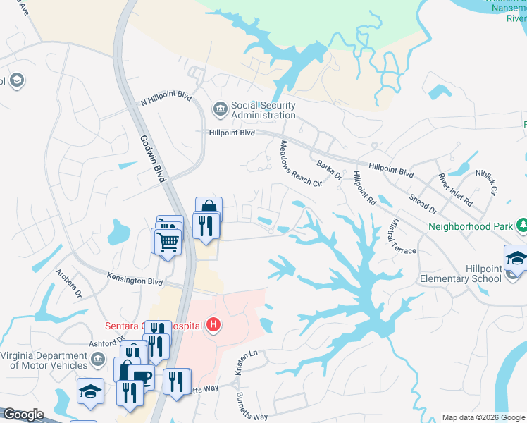 map of restaurants, bars, coffee shops, grocery stores, and more near 4001 Corporate Lane in Suffolk
