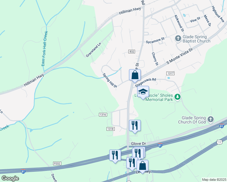 map of restaurants, bars, coffee shops, grocery stores, and more near 33612 Spring Hill Drive in Glade Spring