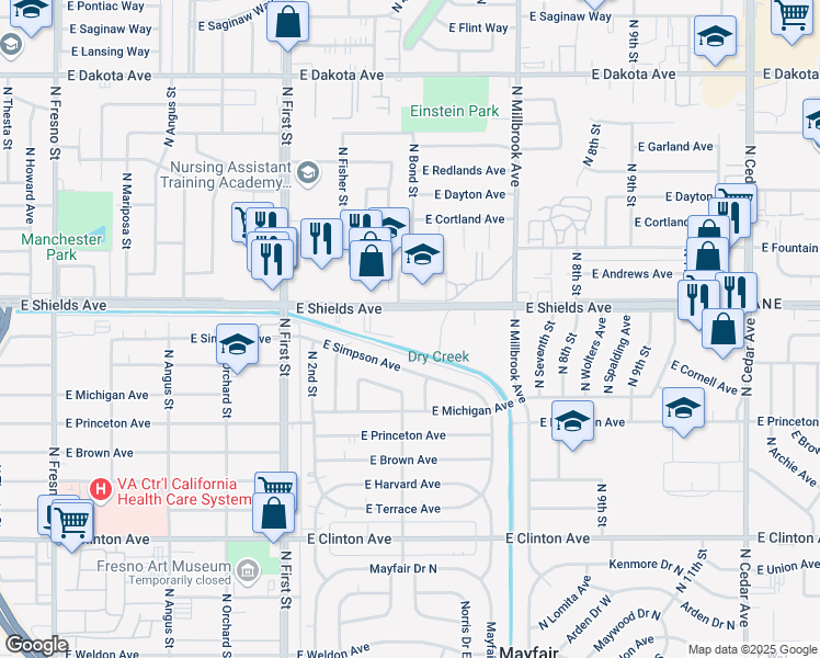 map of restaurants, bars, coffee shops, grocery stores, and more near 3408 East Shields Avenue in Fresno