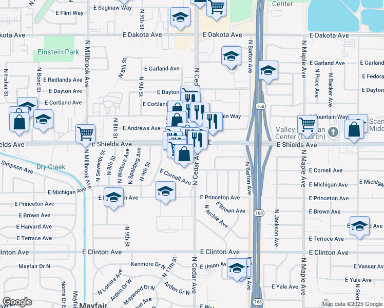 map of restaurants, bars, coffee shops, grocery stores, and more near 3052 North Cedar Avenue in Fresno