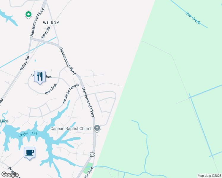 map of restaurants, bars, coffee shops, grocery stores, and more near 2446 Cherry Blossom Drive in Suffolk