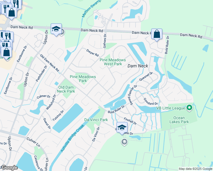 map of restaurants, bars, coffee shops, grocery stores, and more near 1616 Wasserman Court in Virginia Beach