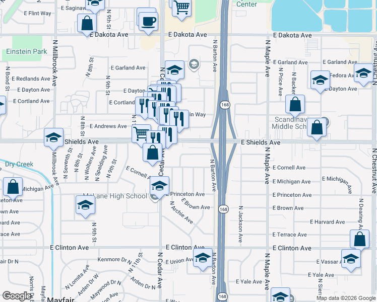 map of restaurants, bars, coffee shops, grocery stores, and more near 4368 East Simpson Avenue in Fresno