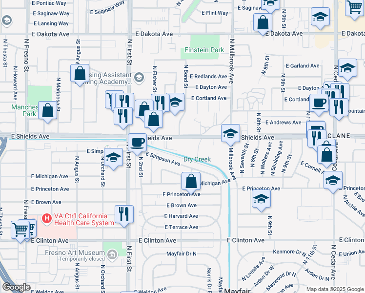 map of restaurants, bars, coffee shops, grocery stores, and more near 3408 East Shields Avenue in Fresno