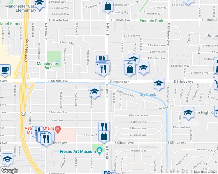 map of restaurants, bars, coffee shops, grocery stores, and more near in Fresno