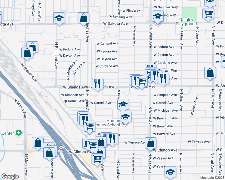 map of restaurants, bars, coffee shops, grocery stores, and more near 1734 West Simpson Avenue in Fresno