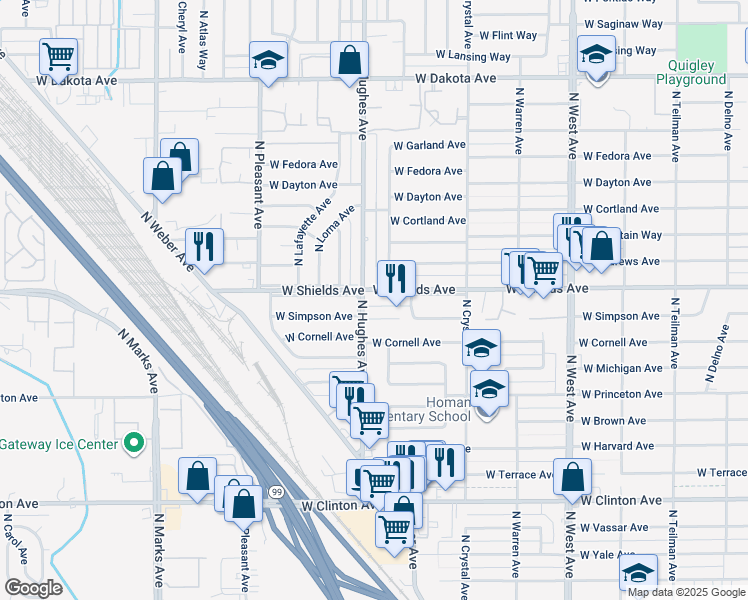 map of restaurants, bars, coffee shops, grocery stores, and more near 2056 West Simpson Avenue in Fresno
