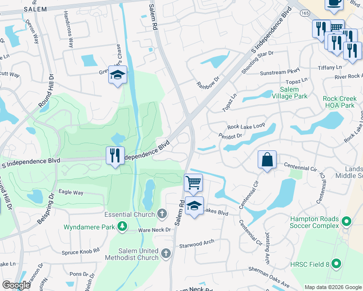map of restaurants, bars, coffee shops, grocery stores, and more near 5012 Heathglen Circle in Virginia Beach