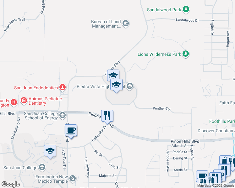map of restaurants, bars, coffee shops, grocery stores, and more near 5700 College Boulevard in Farmington
