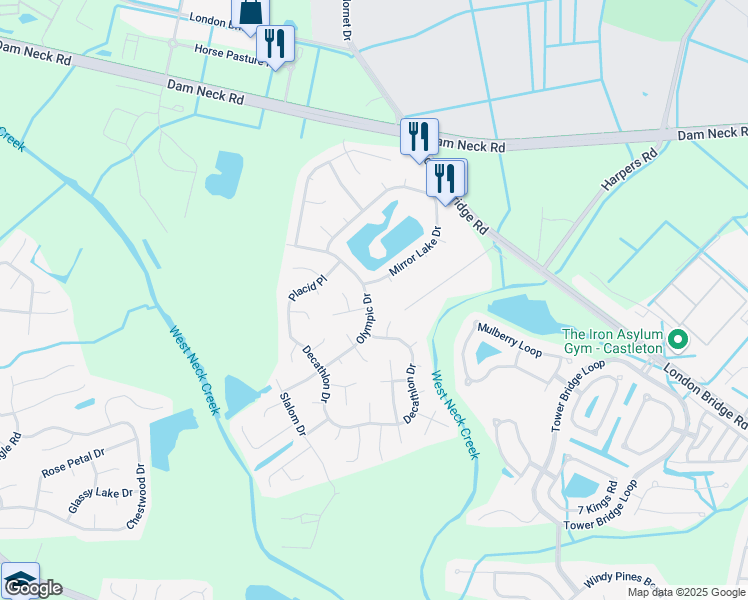 map of restaurants, bars, coffee shops, grocery stores, and more near 1828 Olympic Drive in Virginia Beach