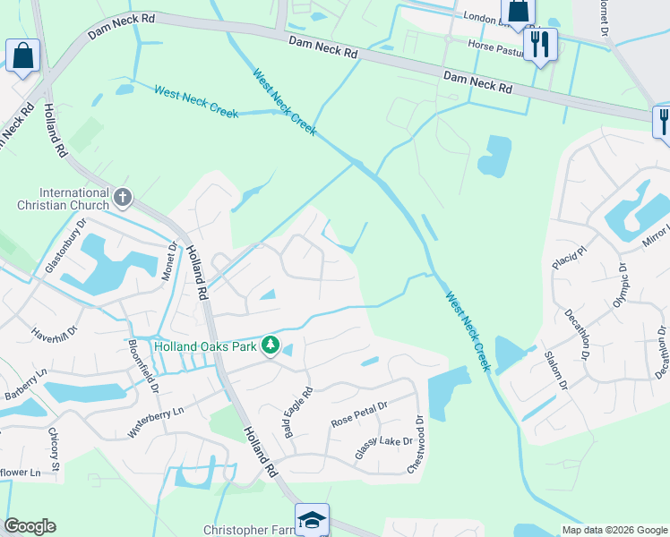 map of restaurants, bars, coffee shops, grocery stores, and more near 2824 Saville Garden Way in Virginia Beach