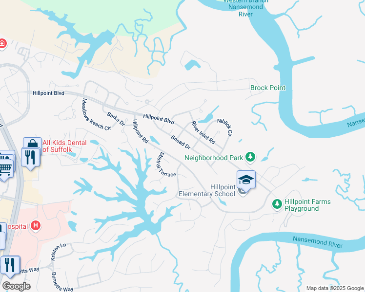map of restaurants, bars, coffee shops, grocery stores, and more near 1036 Snead Drive in Suffolk