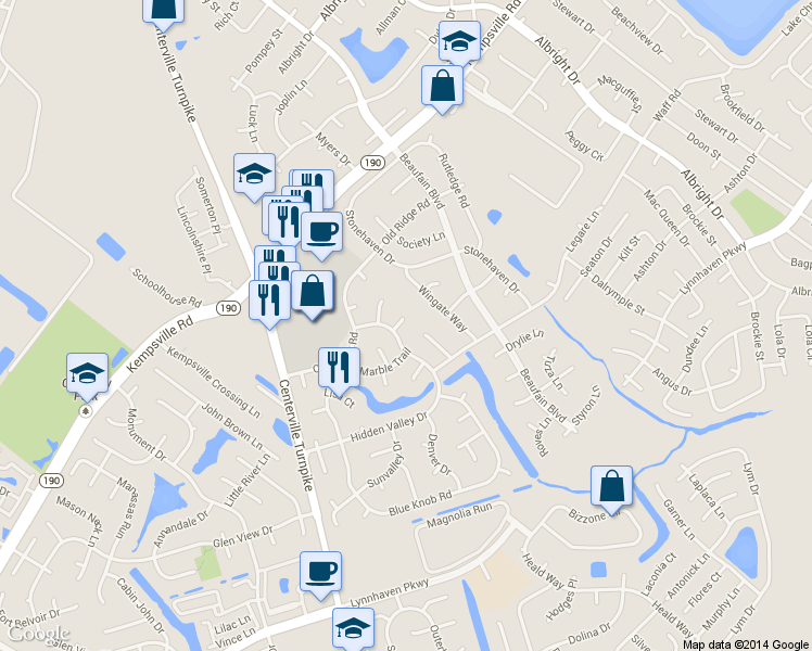 map of restaurants, bars, coffee shops, grocery stores, and more near 1860 Camelback Place in Virginia Beach