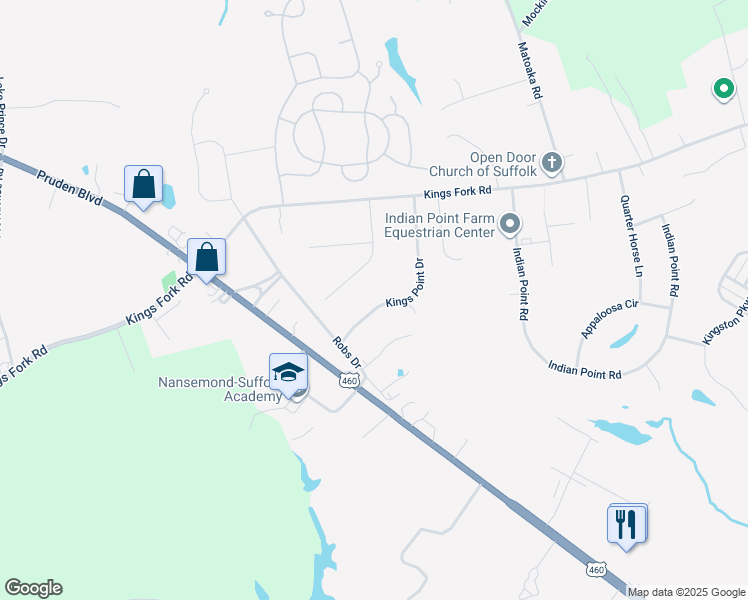 map of restaurants, bars, coffee shops, grocery stores, and more near 126 Kings Point Drive in Suffolk