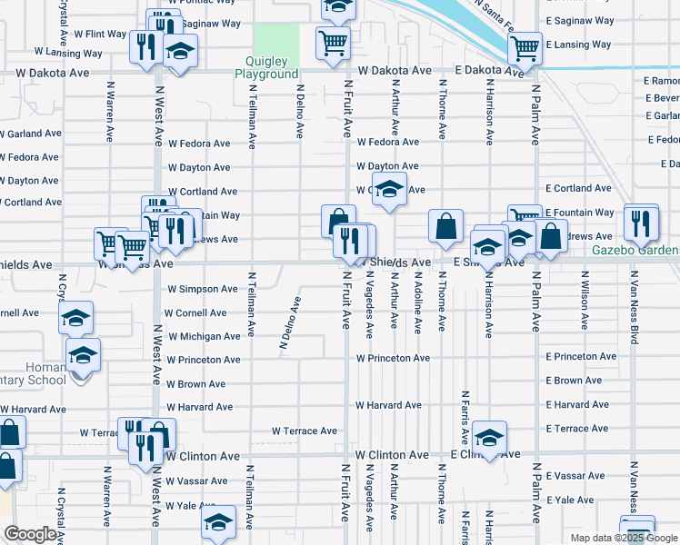 map of restaurants, bars, coffee shops, grocery stores, and more near 538 West Simpson Avenue in Fresno
