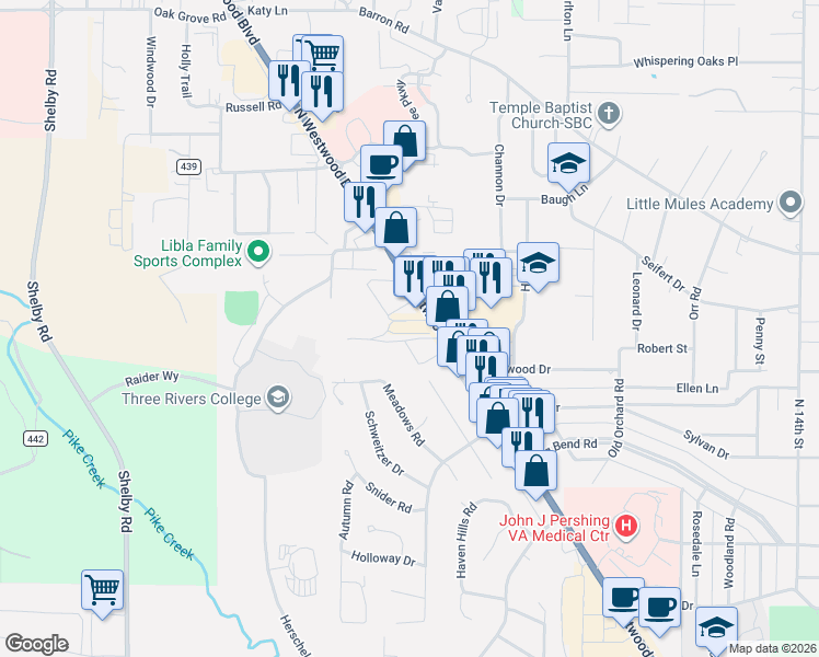 map of restaurants, bars, coffee shops, grocery stores, and more near 2121 North Westwood Boulevard in Poplar Bluff