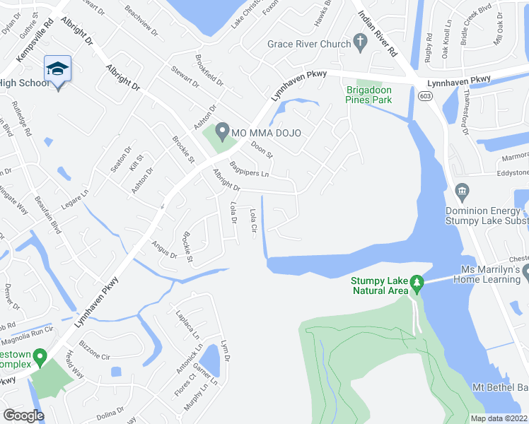 map of restaurants, bars, coffee shops, grocery stores, and more near 5220 Lola Circle in Virginia Beach