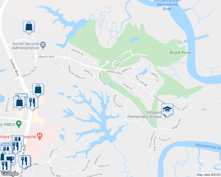 map of restaurants, bars, coffee shops, grocery stores, and more near 1018 Hillpoint Road in Suffolk