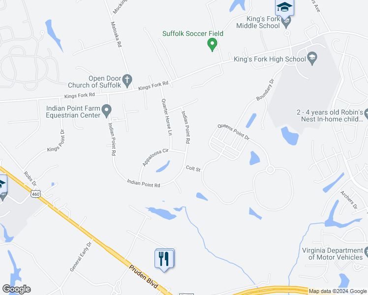 map of restaurants, bars, coffee shops, grocery stores, and more near 3008 Indian Point Road in Suffolk