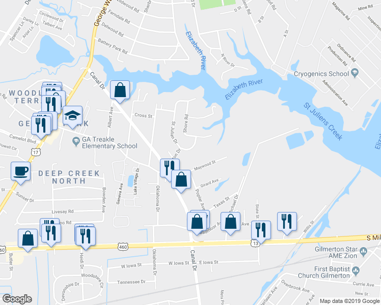 map of restaurants, bars, coffee shops, grocery stores, and more near 2060 Maywood Street in Chesapeake