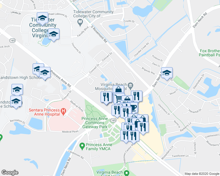 map of restaurants, bars, coffee shops, grocery stores, and more near 3496 Landstown Court in Virginia Beach
