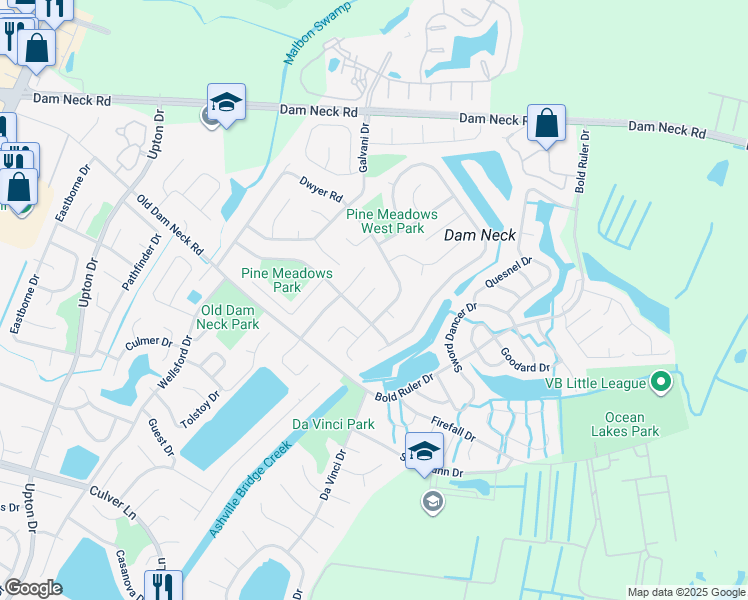 map of restaurants, bars, coffee shops, grocery stores, and more near 1612 Wasserman Court in Virginia Beach