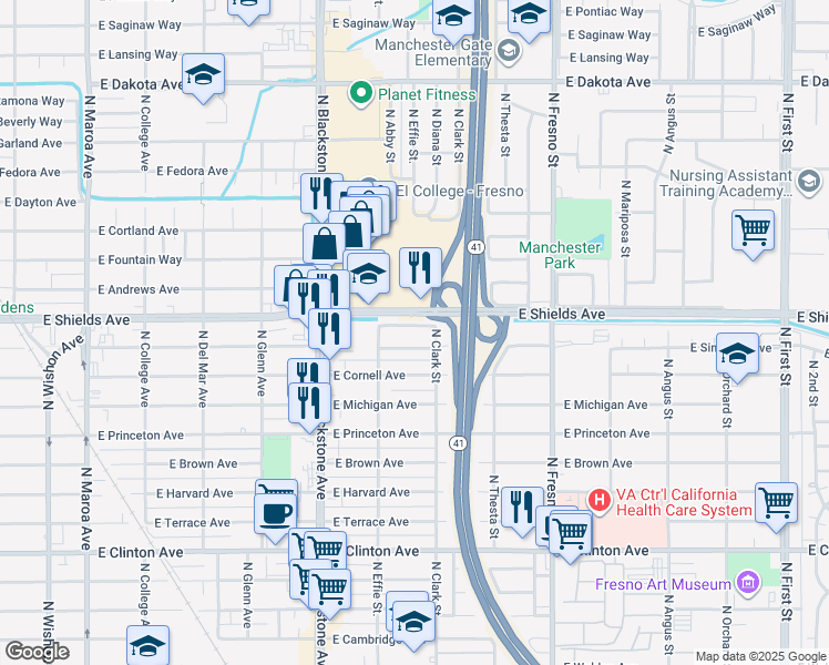 map of restaurants, bars, coffee shops, grocery stores, and more near 2010 East Hunter Avenue in Fresno