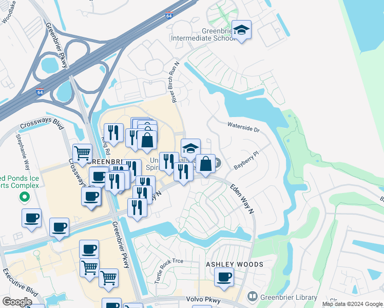 map of restaurants, bars, coffee shops, grocery stores, and more near Carlton Drive in Chesapeake