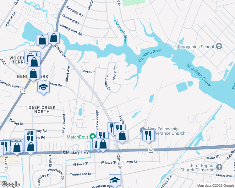 map of restaurants, bars, coffee shops, grocery stores, and more near 2060 Maywood Street in Chesapeake