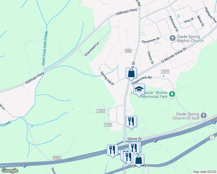 map of restaurants, bars, coffee shops, grocery stores, and more near 33612 Spring Hill Drive in Glade Spring
