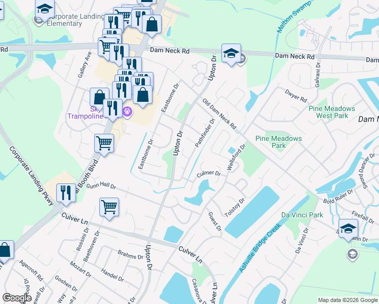map of restaurants, bars, coffee shops, grocery stores, and more near 1721 Culmer Court in Virginia Beach