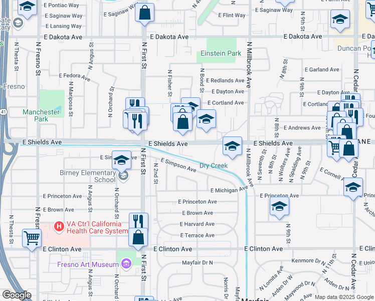 map of restaurants, bars, coffee shops, grocery stores, and more near 3374 East Shields Avenue in Fresno