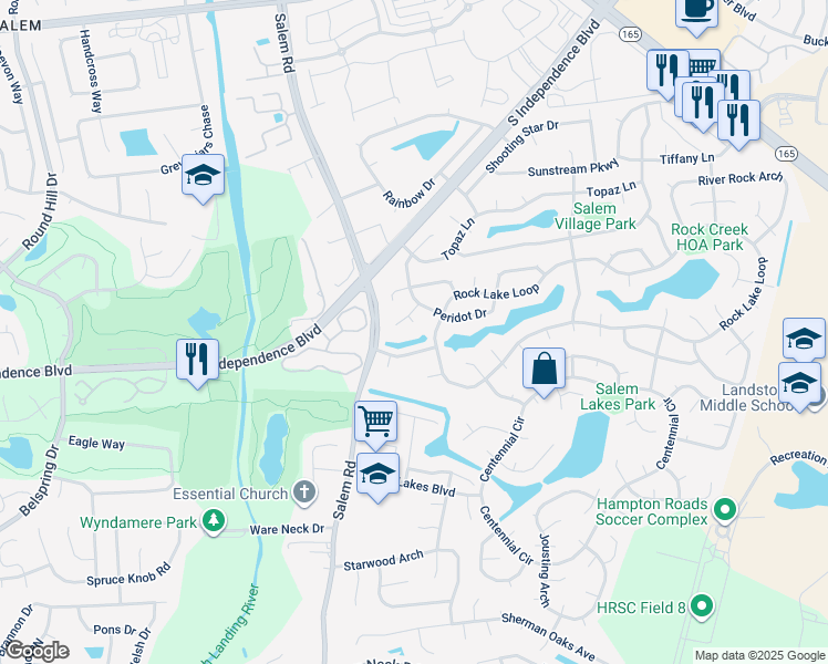 map of restaurants, bars, coffee shops, grocery stores, and more near 1720 Pebble Place in Virginia Beach