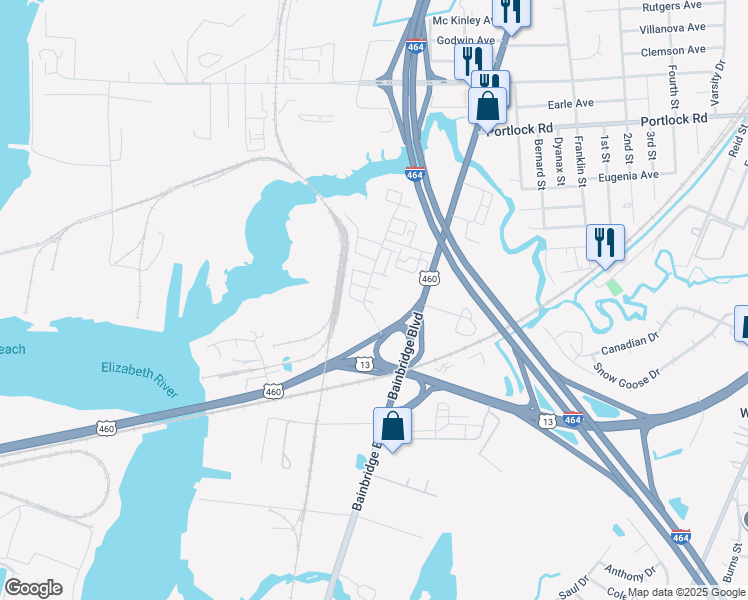 map of restaurants, bars, coffee shops, grocery stores, and more near 608 Grimes Way in Chesapeake