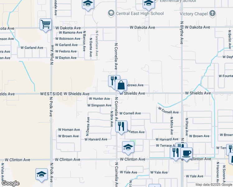 map of restaurants, bars, coffee shops, grocery stores, and more near W Shields Ave & N Cornelia Ave in Fresno