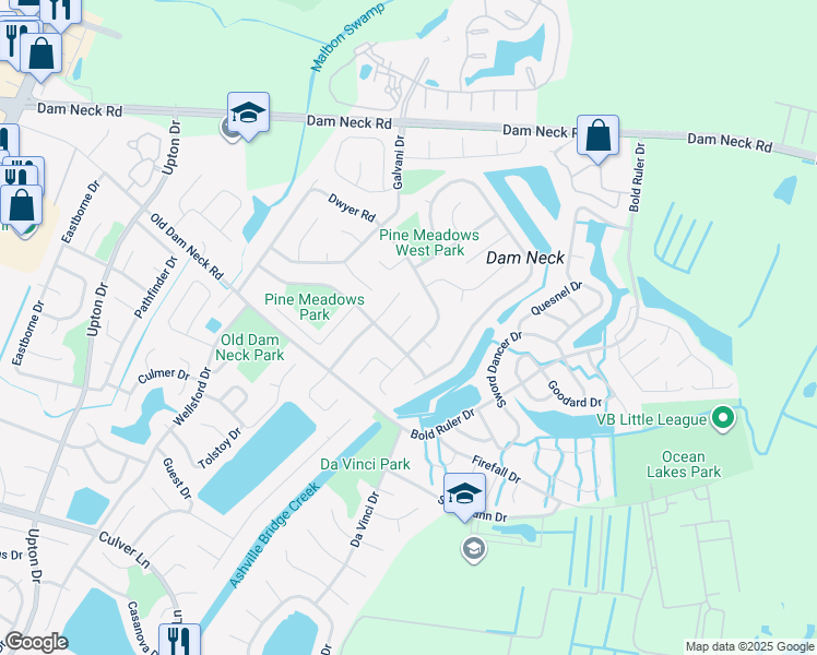 map of restaurants, bars, coffee shops, grocery stores, and more near 1612 Wasserman Court in Virginia Beach