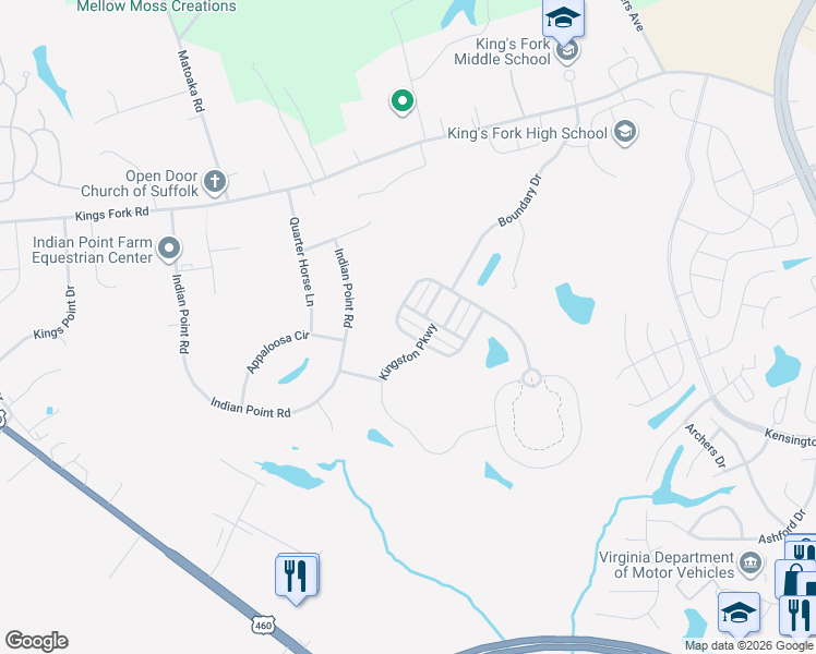 map of restaurants, bars, coffee shops, grocery stores, and more near 2043 Queens Point Drive in Suffolk