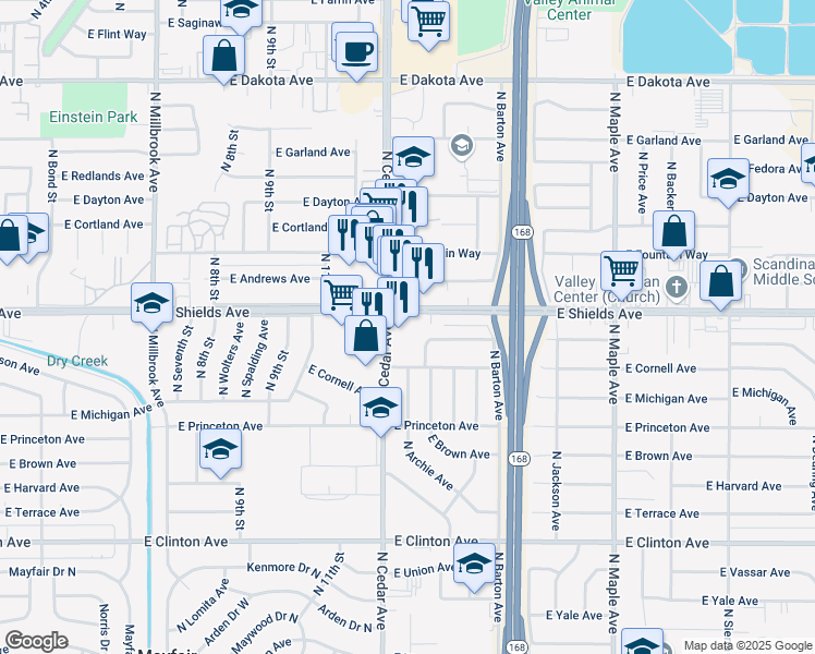 map of restaurants, bars, coffee shops, grocery stores, and more near 3052-3060 North Cedar Avenue in Fresno