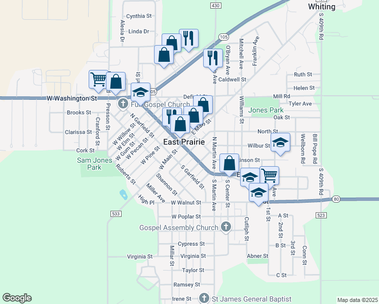 map of restaurants, bars, coffee shops, grocery stores, and more near South Washington Street in East Prairie
