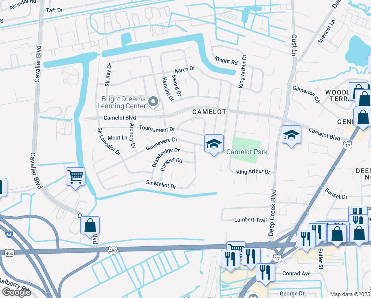 map of restaurants, bars, coffee shops, grocery stores, and more near 860 Drawbridge Drive in Chesapeake
