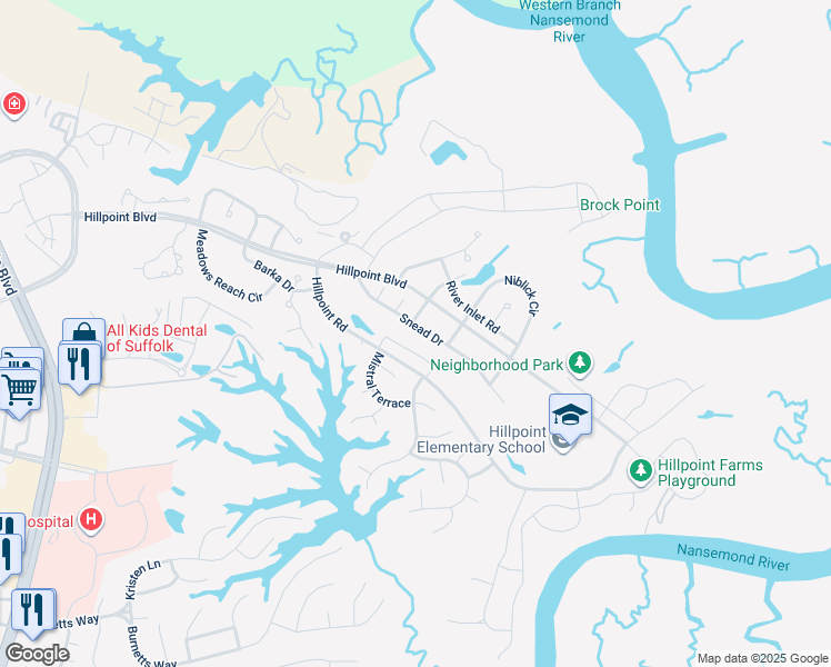 map of restaurants, bars, coffee shops, grocery stores, and more near 1032 Snead Drive in Suffolk