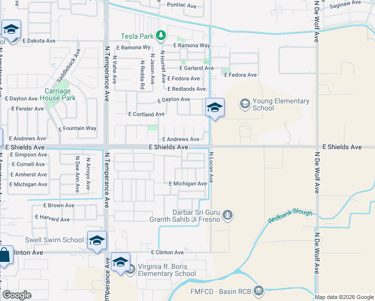map of restaurants, bars, coffee shops, grocery stores, and more near 7438 East Cornell Avenue in Fresno