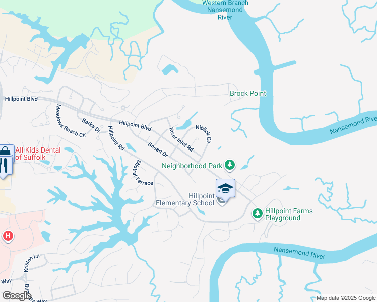 map of restaurants, bars, coffee shops, grocery stores, and more near 220 River Inlet Road in Suffolk