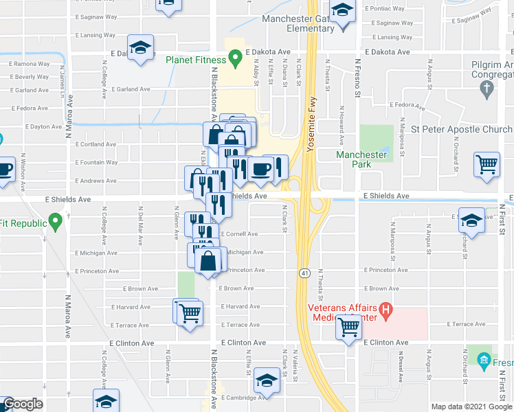 map of restaurants, bars, coffee shops, grocery stores, and more near 3033 North Effie Street in Fresno
